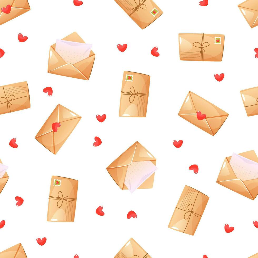 Seamless pattern of envelopes with love letters and hearts. A closed envelope, an open envelope with a letter, an envelope tied with twine. Vector illustration for Valentine's day, love day, wedding