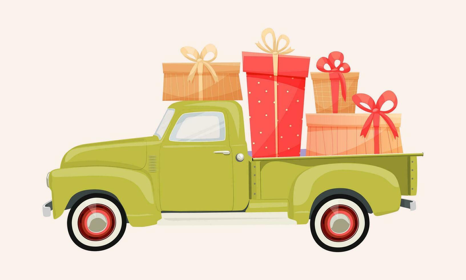 Happy Valentine's Day, green pickup truck with pink gifts. Vintage pickup truck delivering gifts suitable for the design of cards, banners, posters, placard, flyer, print vector