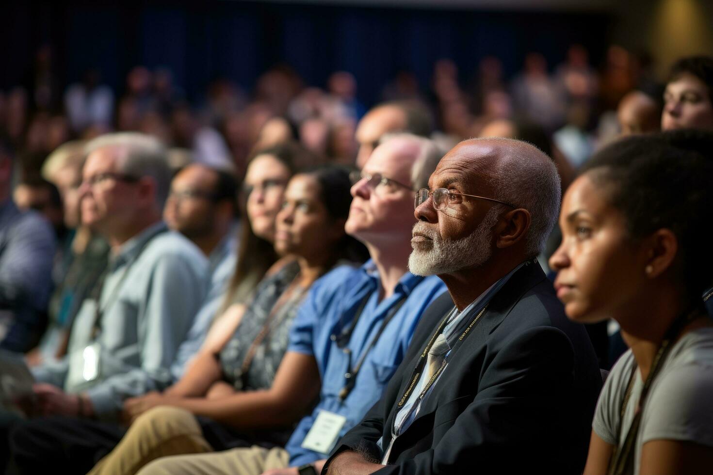 AI generated Speaker at Business Conference and Presentation. Audience in the conference hall, A diverse audience listening intently to a keynote address, AI Generated photo