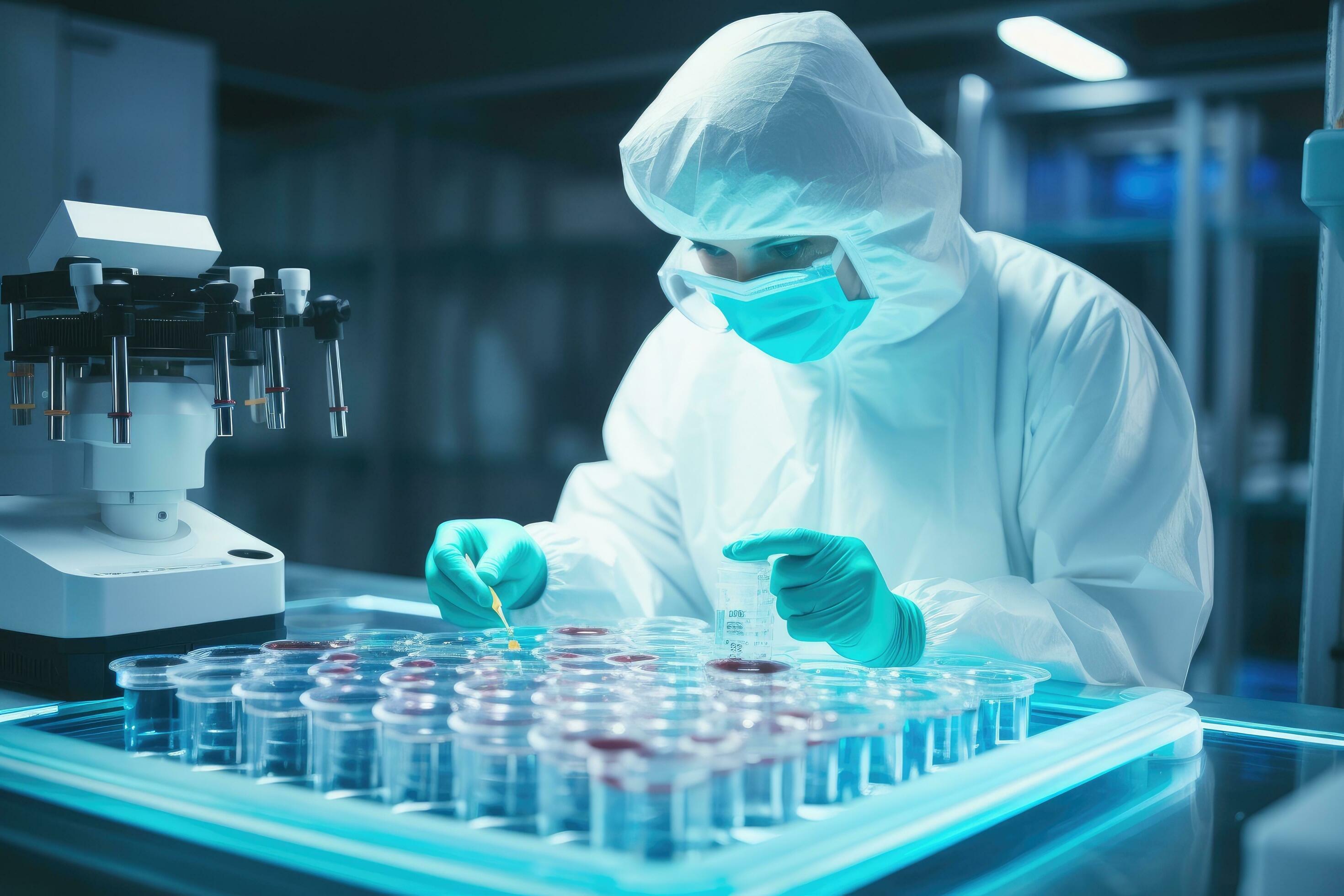 AI generated scientist working with blood sample in laboratory, science
