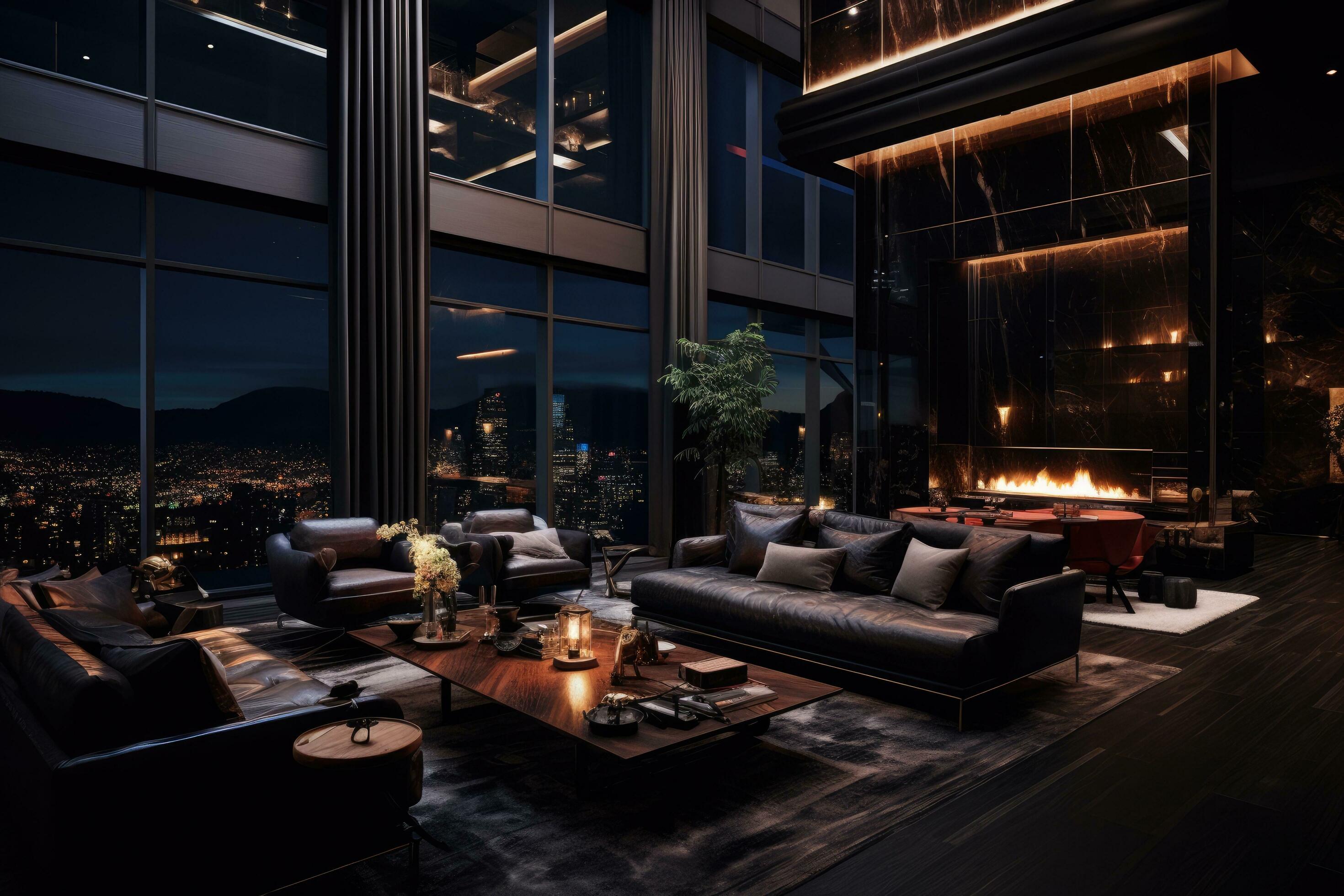 AI generated Luxury living room with night city view. 3D Rendering, A ...