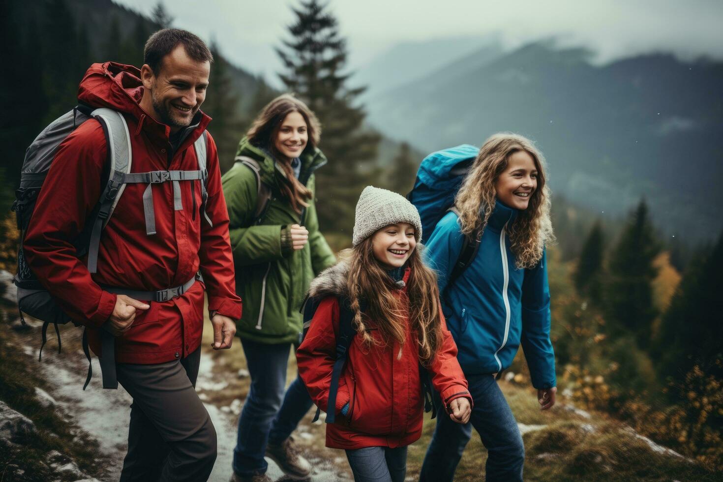 ai generado un grupo de amigos excursionismo en el montañas en un lluvioso día, un sincero foto de un familia y amigos excursionismo juntos en el montañas en el vacaciones viaje semana, ai generado