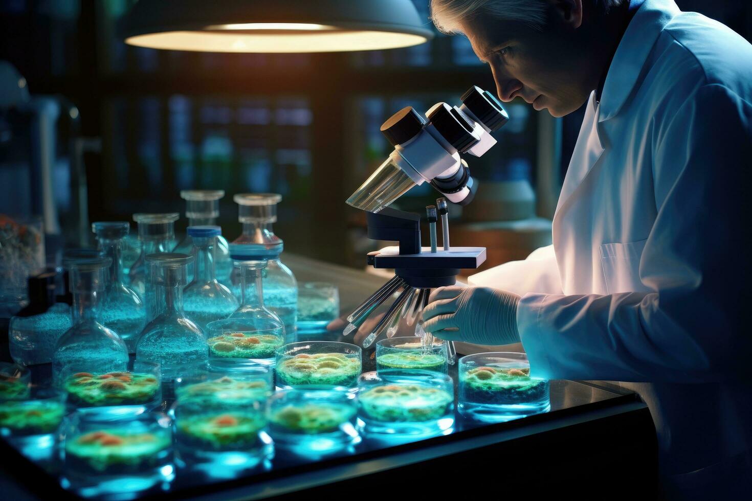 AI generated scientist working with microscope in laboratory. science research and development concept, A laboratory technician makes microscopic bacteriological examination with the reagents photo