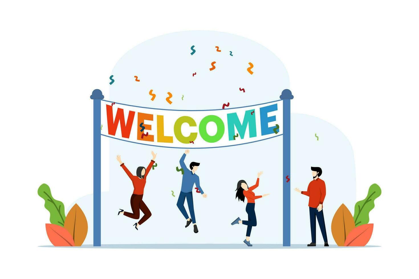 Welcome concept, Friendly team happy with new team member, celebrating, meet, greet, online event. a happy team welcomes newcomers. Modern flat cartoon style, Vector illustration on white background.