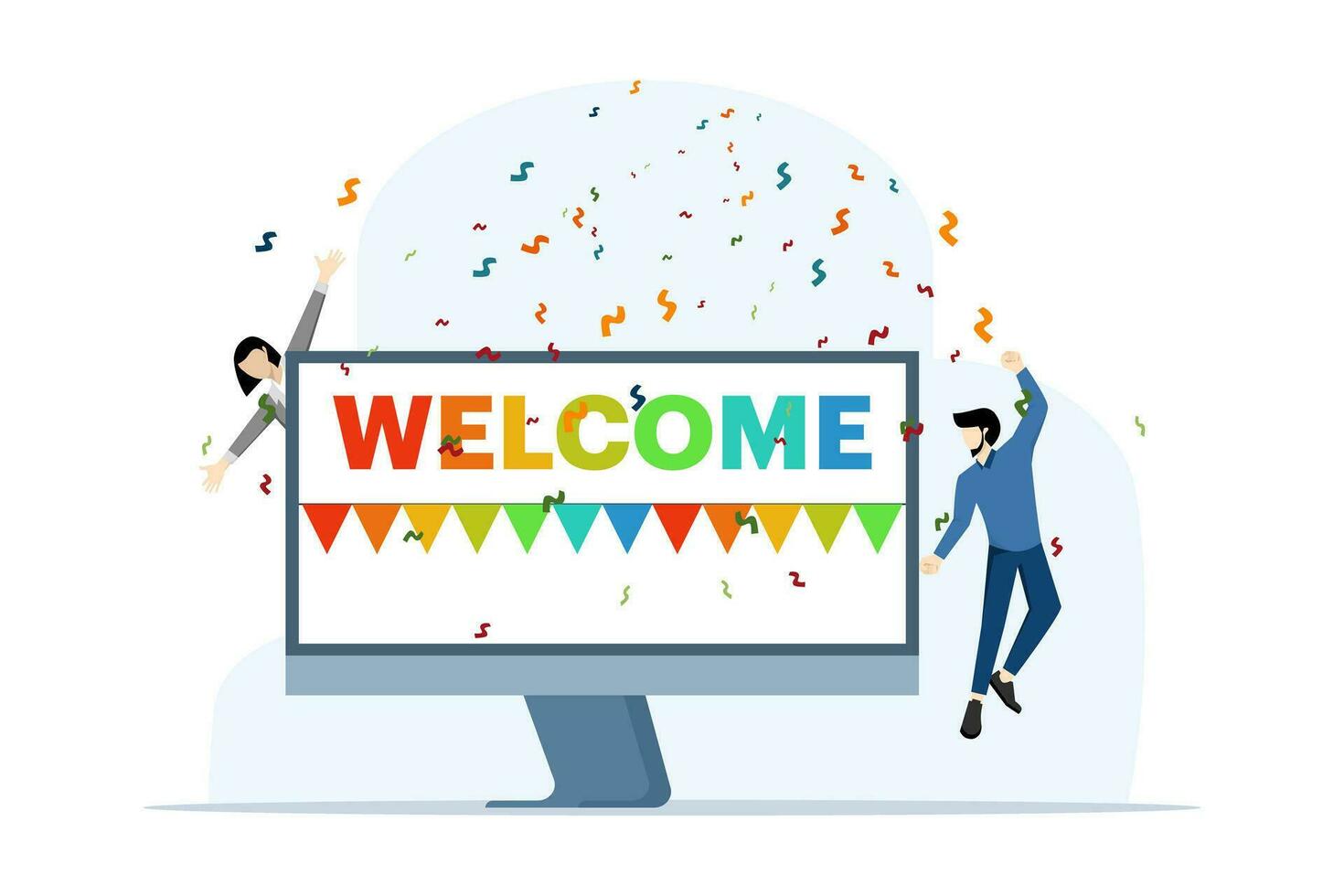 Welcome concept, Friendly team happy with new team member, celebrating, meet, greet, online event. a happy team welcomes newcomers. Modern flat cartoon style, Vector illustration on white background.