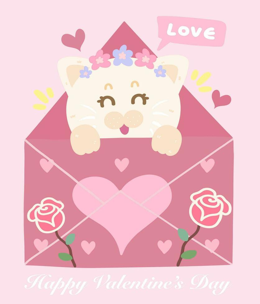 Valentine greeting card, Cat cartoon character, Happy valentine's day hand drawing illustration vector