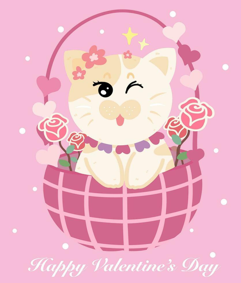 Valentine greeting card, Cat cartoon character, Happy valentine's day hand drawing illustration vector