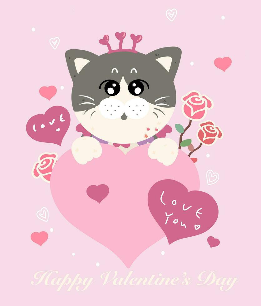 Valentine greeting card, Cat cartoon character, Happy valentine's day hand drawing illustration vector