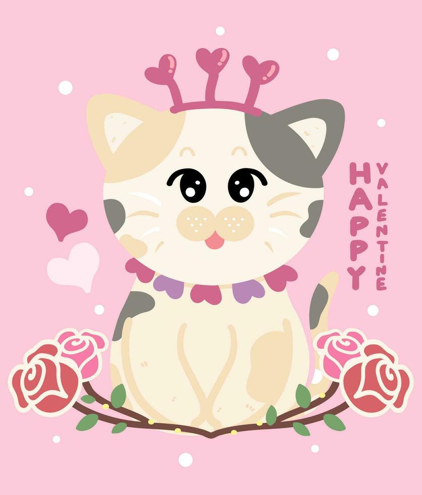 Valentine greeting card, Cat cartoon character, Happy valentine's day hand drawing illustration vector