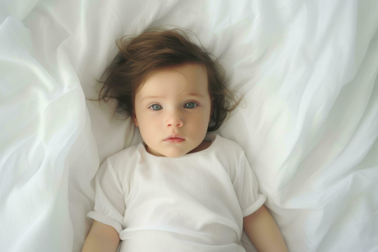 ai generado retrato de linda pequeño bebé niña acostado en blanco lecho, un foto de un bebé acostado en un blanco cama hoja, ai generado