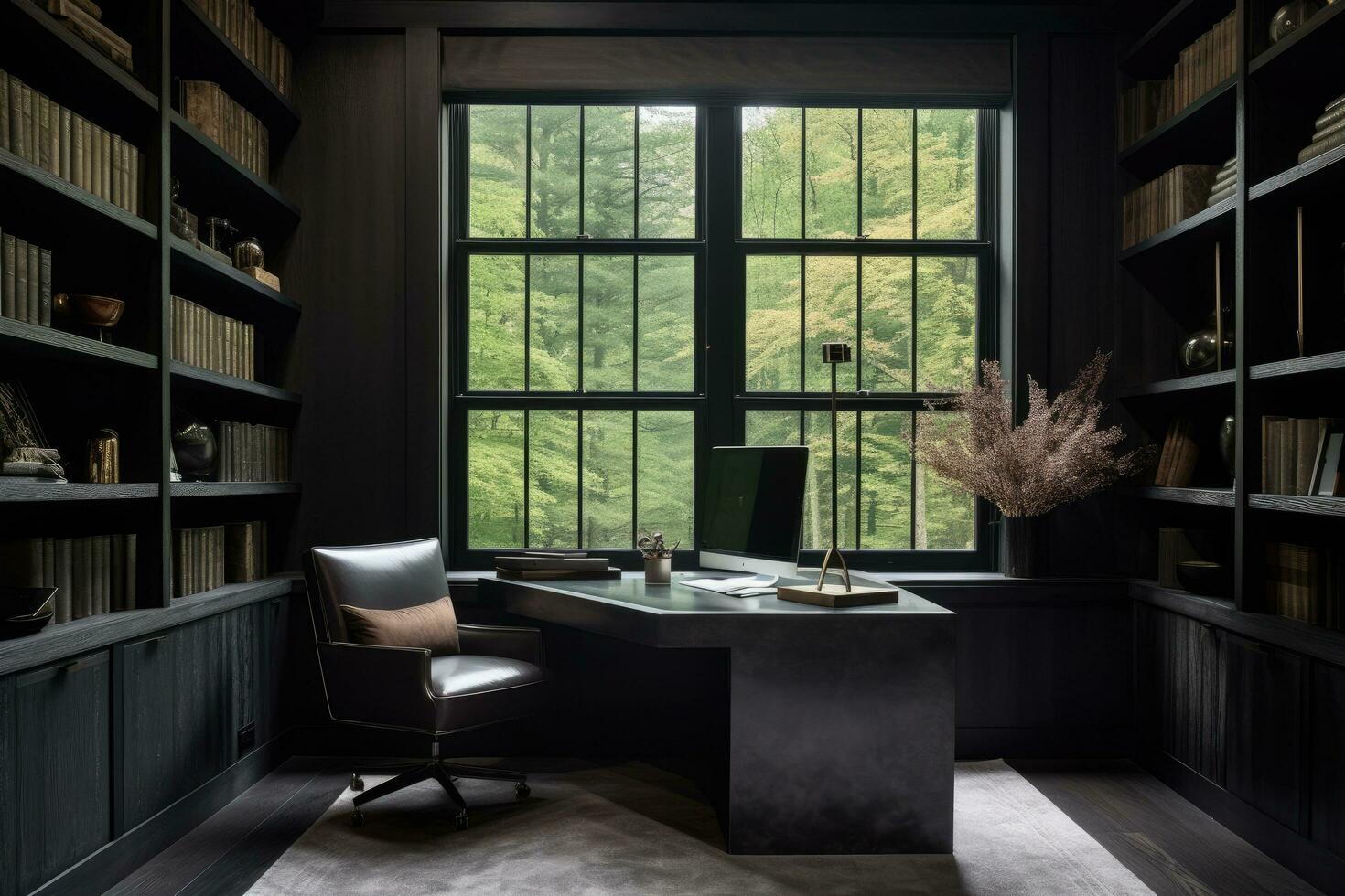 AI generated Luxury home office interior design. 3D Rendering, A home office with walls clad in black wooden panels, AI Generated photo