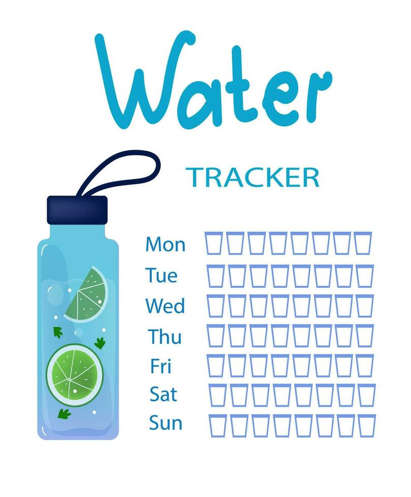 Daily water tracker. Reusable sport bottle with lemon and herbs. Water balance. vector