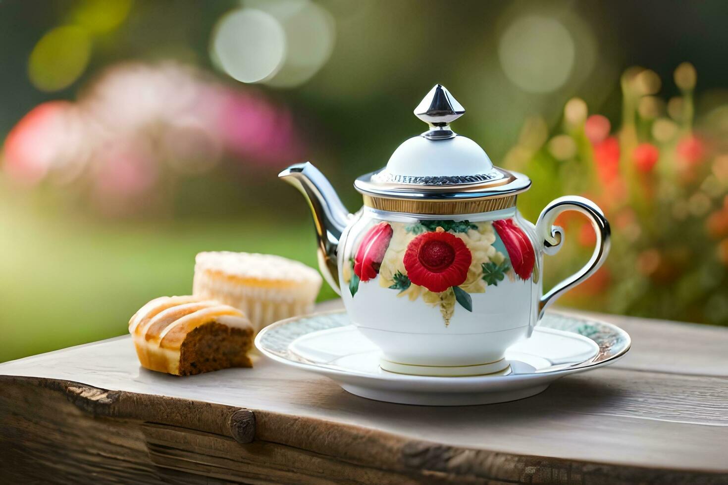 AI generated a blue teapot and a strawberry cake on a wooden table photo