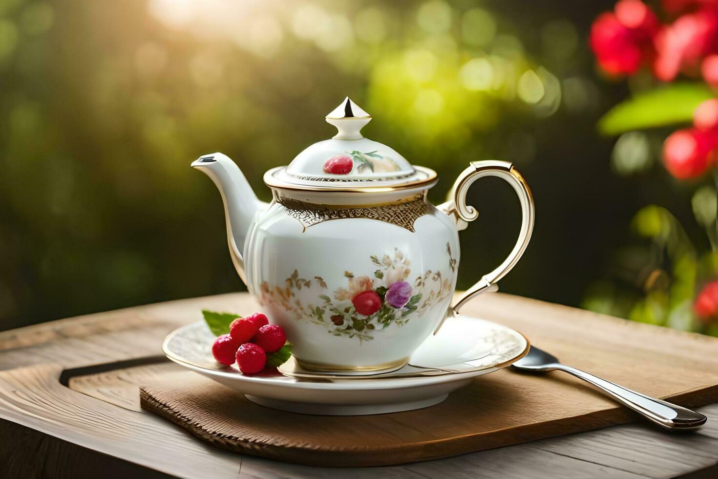 AI generated a blue teapot and a strawberry cake on a wooden table photo