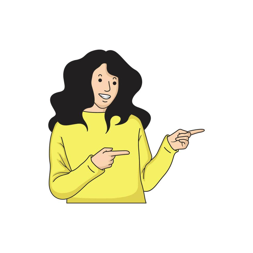 a woman is pointing her fingers to the side vector
