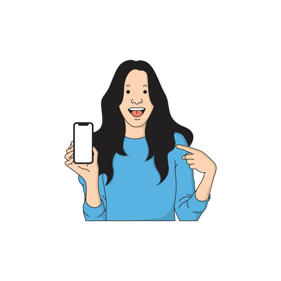 a woman is showing her cellphone while laughing vector