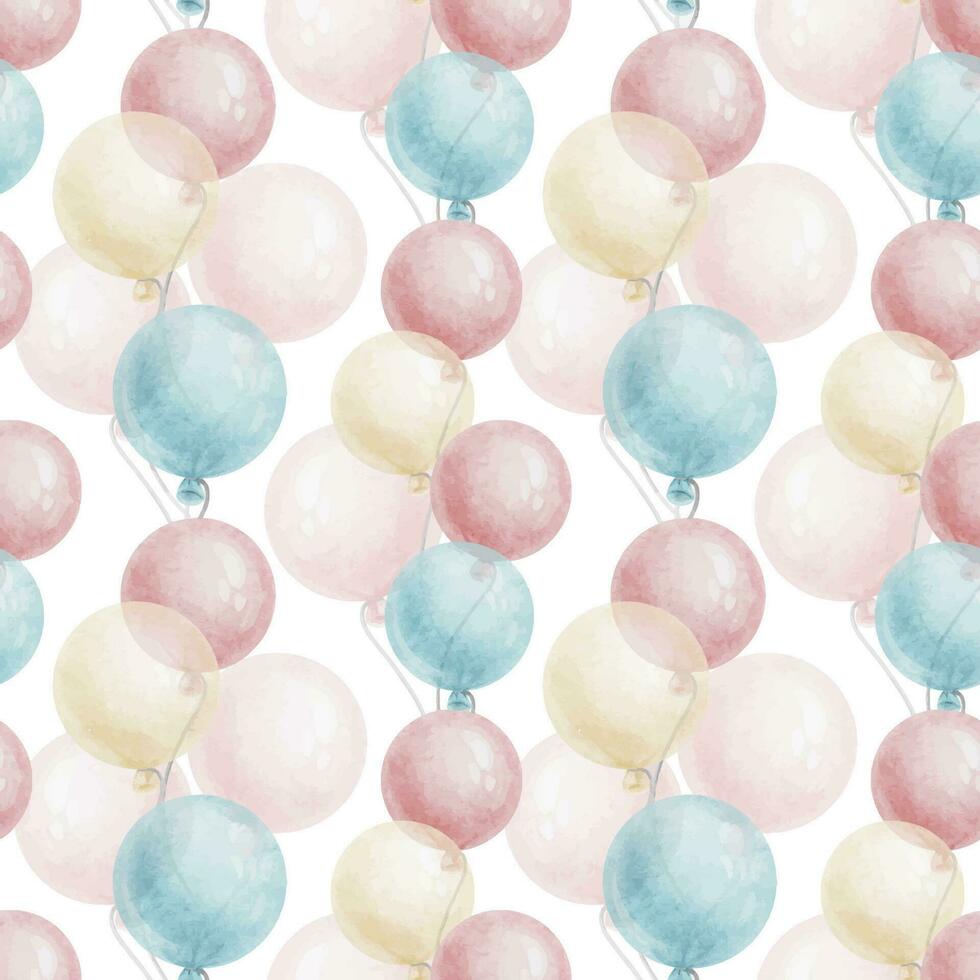 Flying round pink and blue balloons. Cute baby's background. Watercolor seamless pattern of pastel color for children's goods, baby's room design, invitations, kid's textiles, clothing, scrapbooking. vector