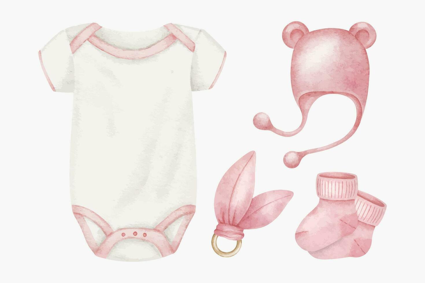 conjunto de ropa para recién nacido muchacha. mono, rosado botines, gorra y mordedor infantil accesorios. acuarela ilustración. aislado. clipart para niños bueno y comercio, tarjetas, bebé ducha, niño habitación y juguete vector