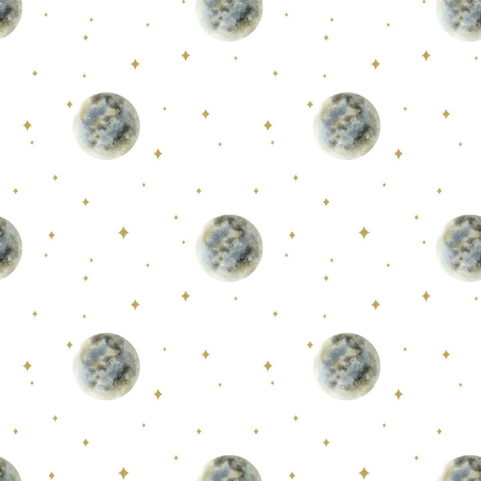 Grey moon and golden stars. Watercolor seamless pattern. Full moon. Esoteric signs and symbols. Isolated. Minimalistic print for design, print, fabric or background. vector