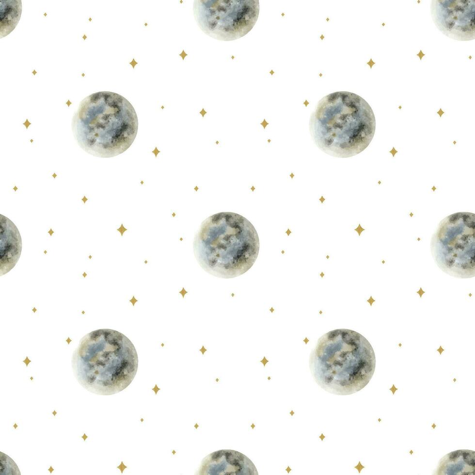 Grey moon and golden stars. Watercolor seamless pattern. Full moon. Esoteric signs and symbols. Isolated. Minimalistic print for design, print, fabric or background. vector