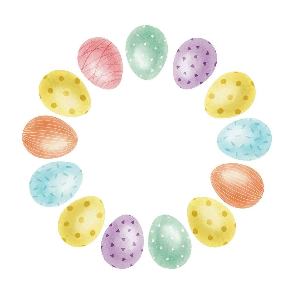 Frame of cute colorful Easter eggs. Paschal Concept with Easter Eggs with Pastel Colors. Isolated watercolor illustration. Design for Easter cards, covers, posters and invitations. vector