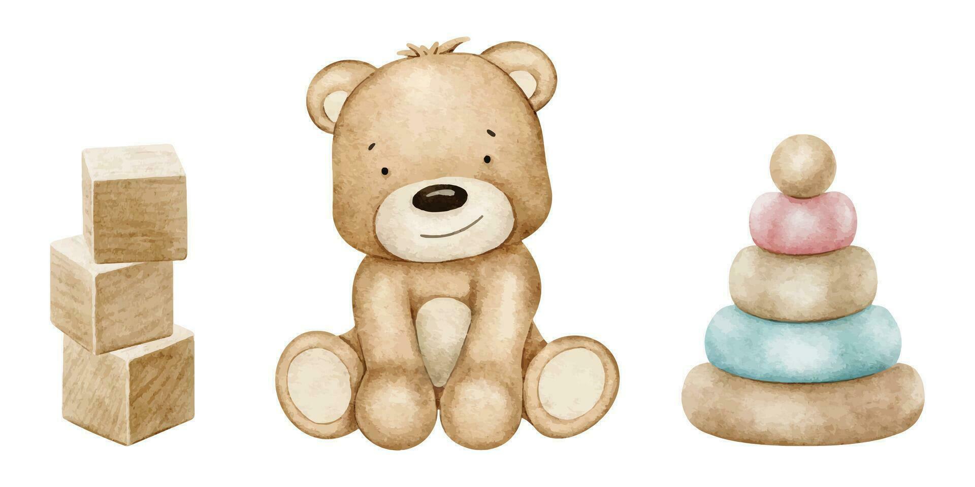 Set of baby's toys. Wooden cubes, pyramid and teddy bear. Watercolor illustration. Isolated. Clip art for kids goods, kid's shop, cards, baby shower, children's room and toy vector