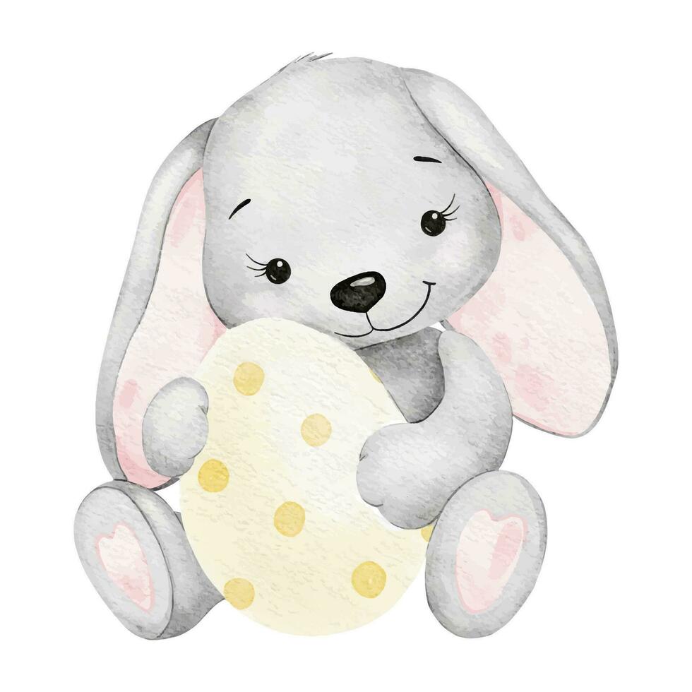 A cute Easter rabbit is holding an Easter egg. Isolated watercolor illustration for Easter cards, cards, invitations. vector