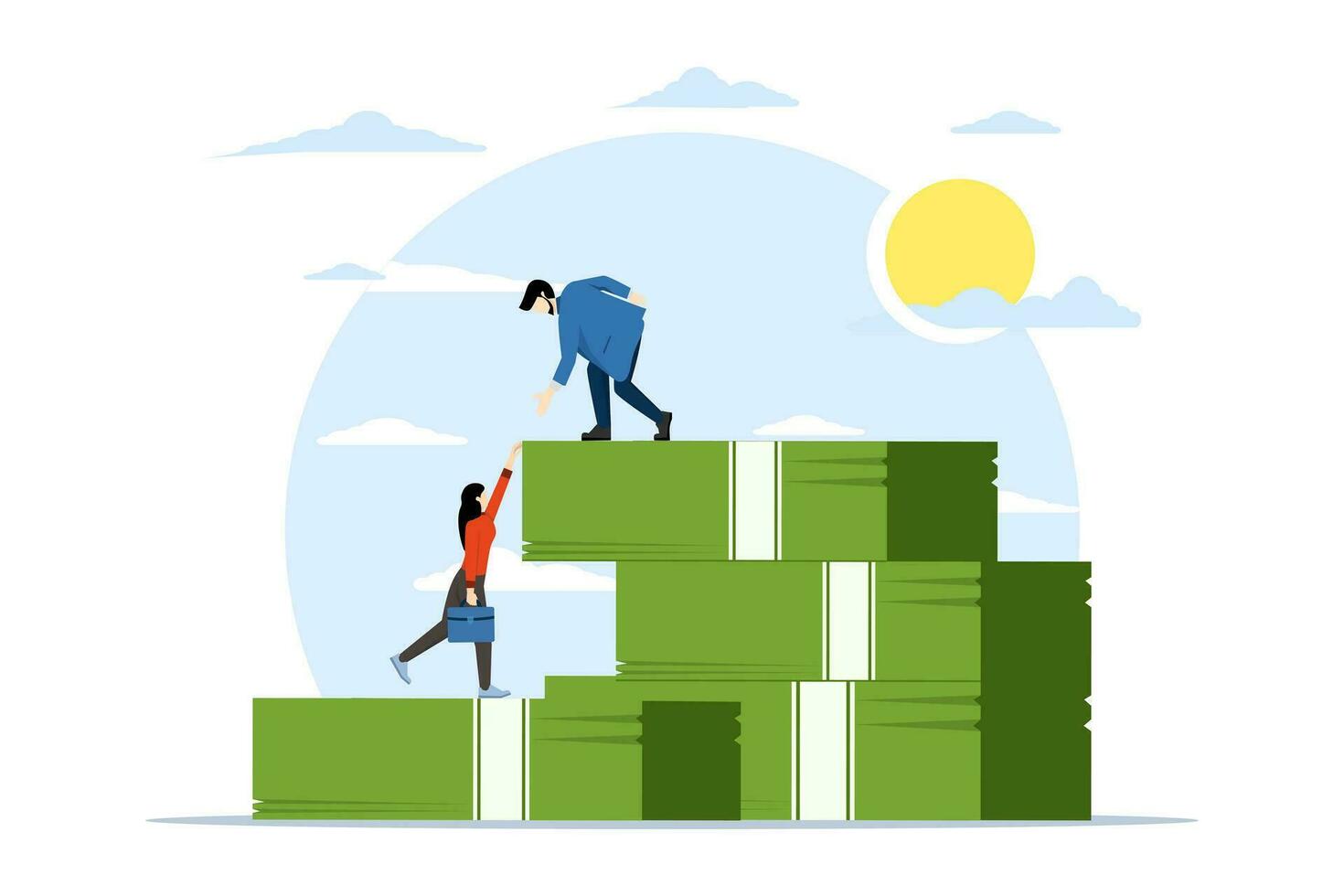 Concept of business employees helping each other and providing support and helping each other, working together for success and development, corporate relationships and cooperation. vector