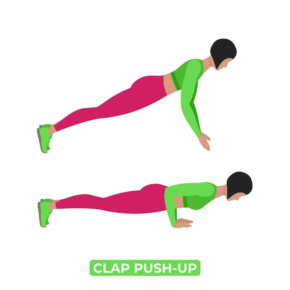 Vector Woman Doing Clap Push Up. Bodyweight Fitness Chest Workout Exercise. An Educational Illustration On A White Background.