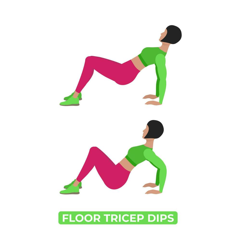 Vector Woman Doing Floor Tricep Dips. Bodyweight Fitness Arm Tricep Workout Exercise. An Educational Illustration On A White Background.