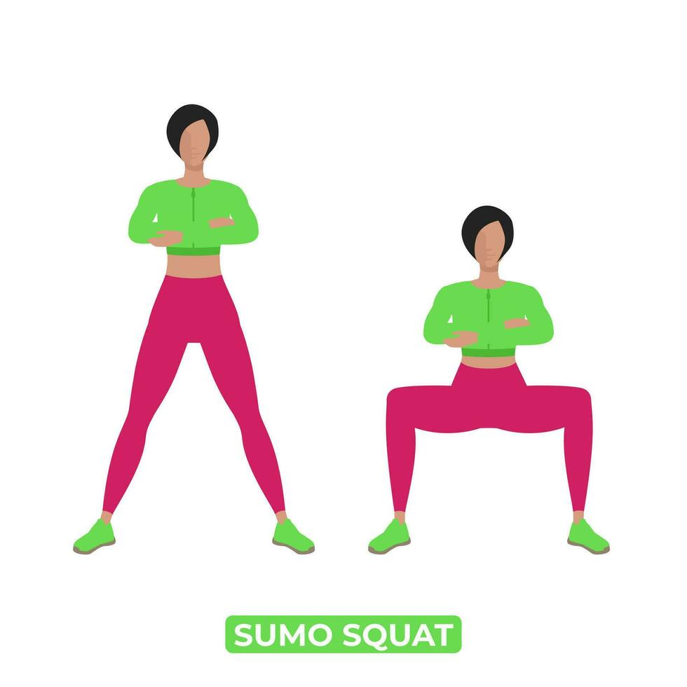 Vector Woman Doing Sumo Squat. Bodyweight Fitness Legs Workout Exercise. An Educational Illustration On A White Background.