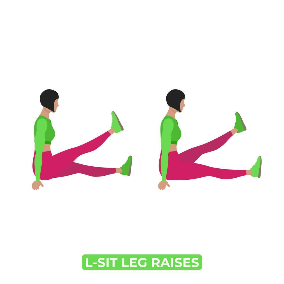 Vector Woman Doing L-Sit Leg Raises. Bodyweight Fitness ABS and Leg Exercise. An Educational Illustration On A White Background.