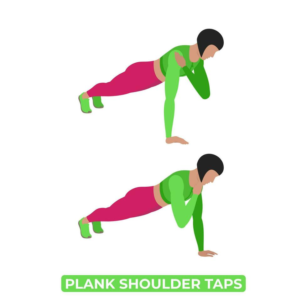 Vector Woman Doing Plank Shoulder Taps. Bodyweight Fitness Arm Shoulders Workout Exercise. An Educational Illustration On A White Background.