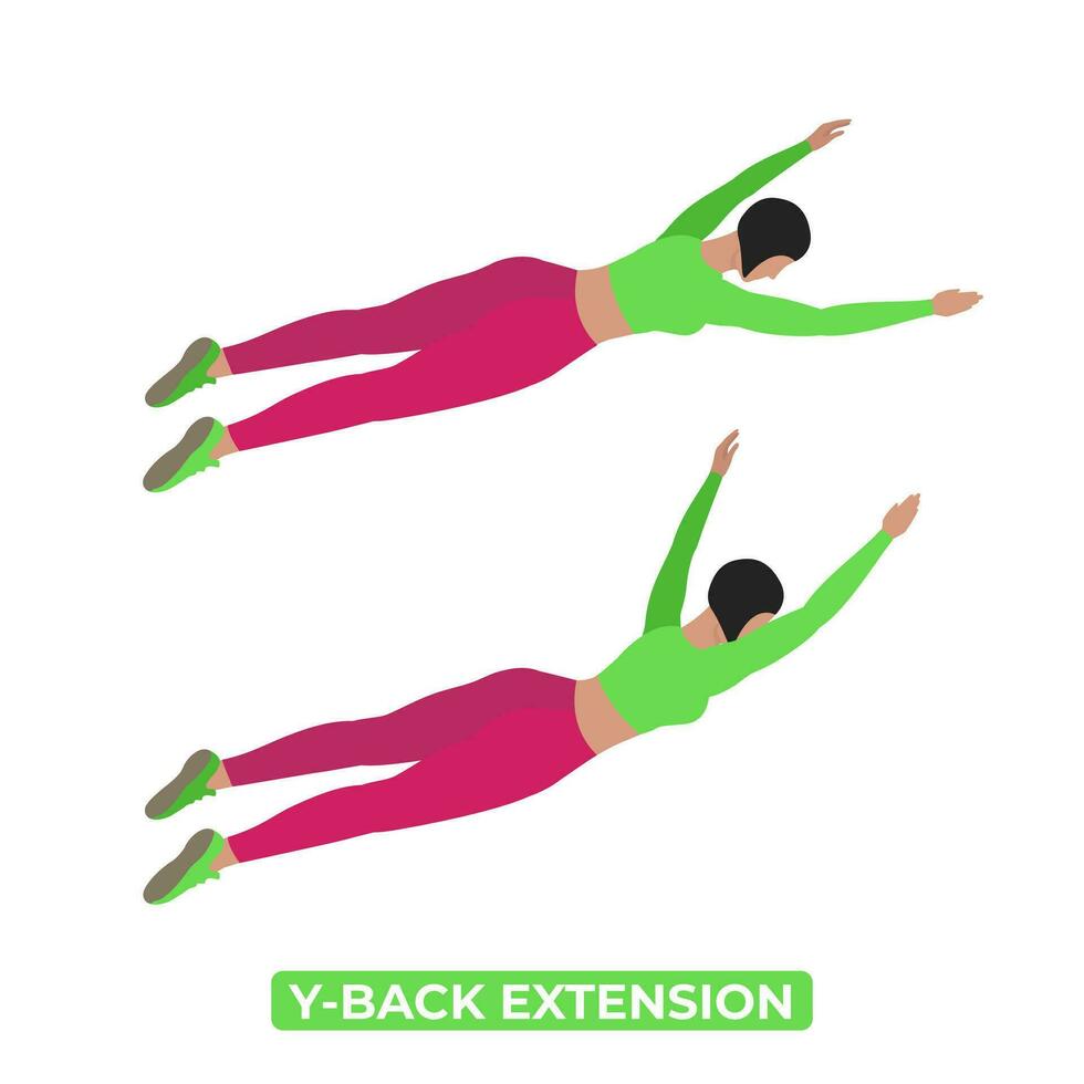 Vector Woman Doing Y Back Extension. Bodyweight Fitness Back and Core Workout Exercise. An Educational Illustration On A White Background.