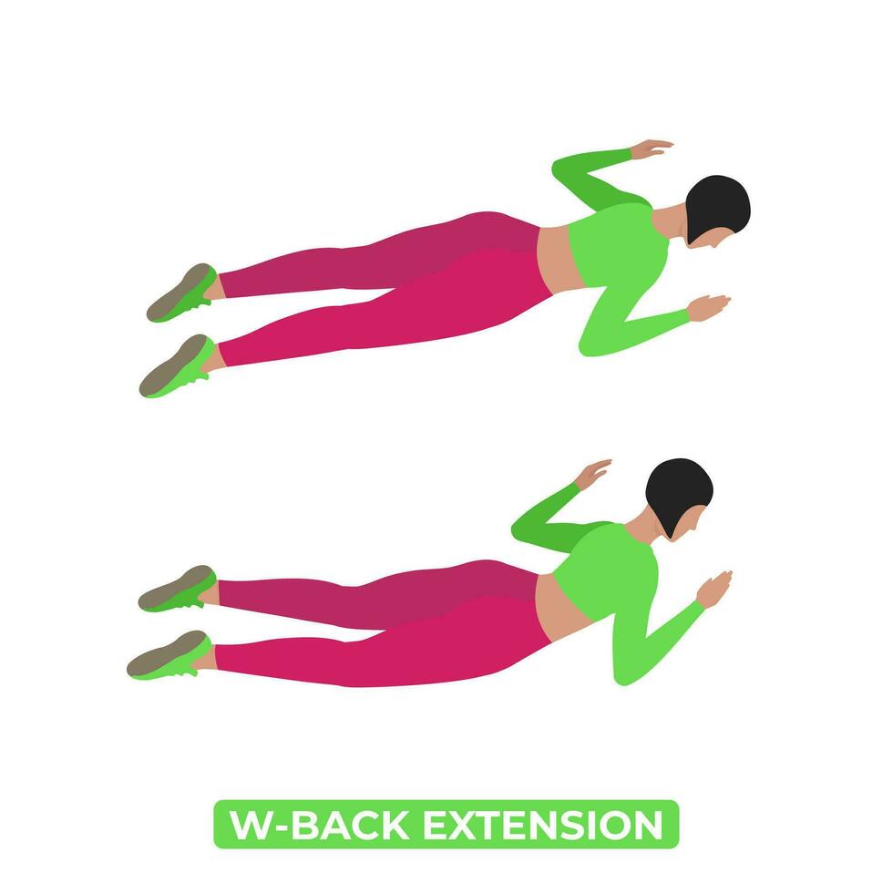 Vector Woman Doing W Back Extension. Bodyweight Fitness Back and Core Workout Exercise. An Educational Illustration On A White Background.