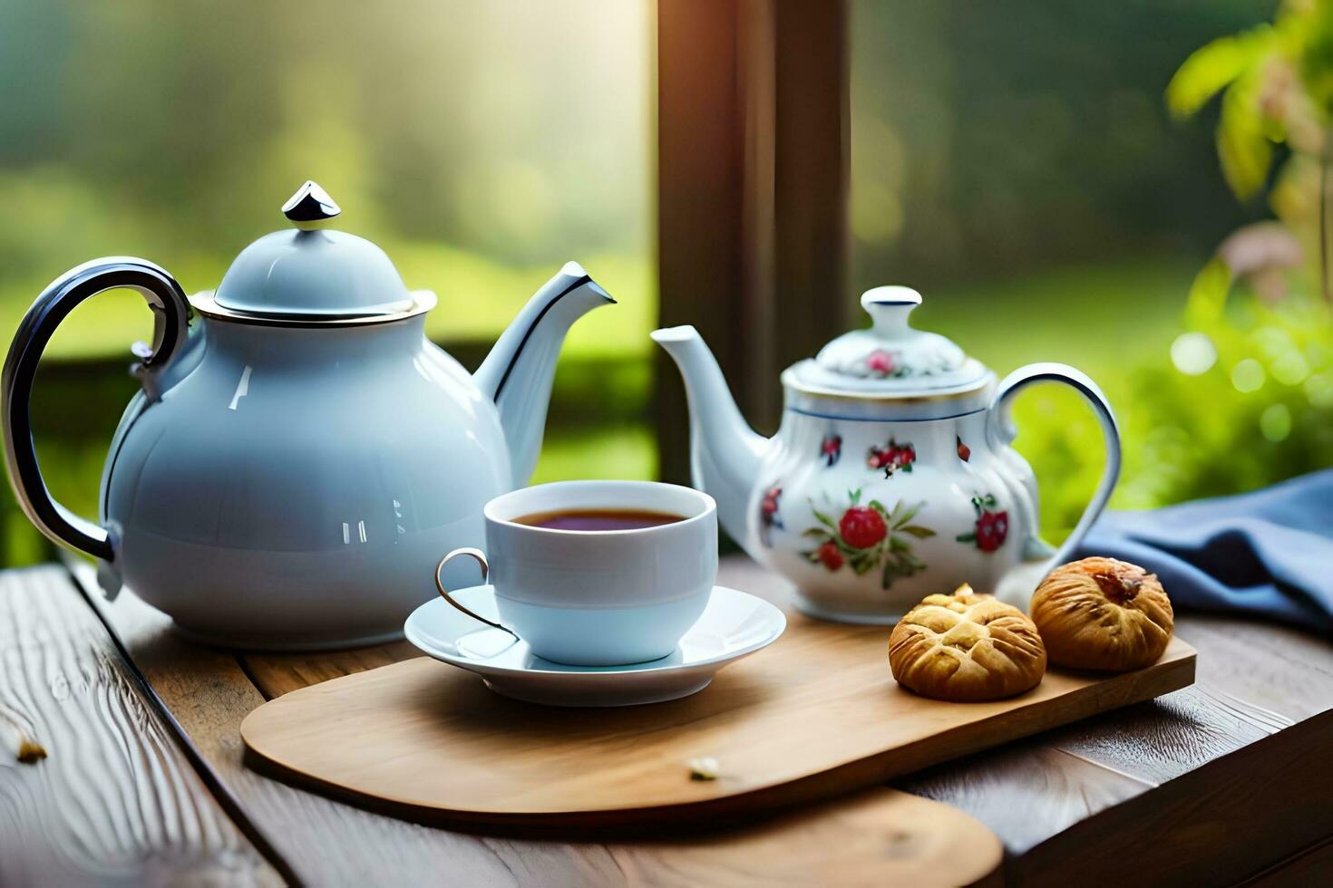 AI generated a blue teapot and a strawberry cake on a wooden table photo