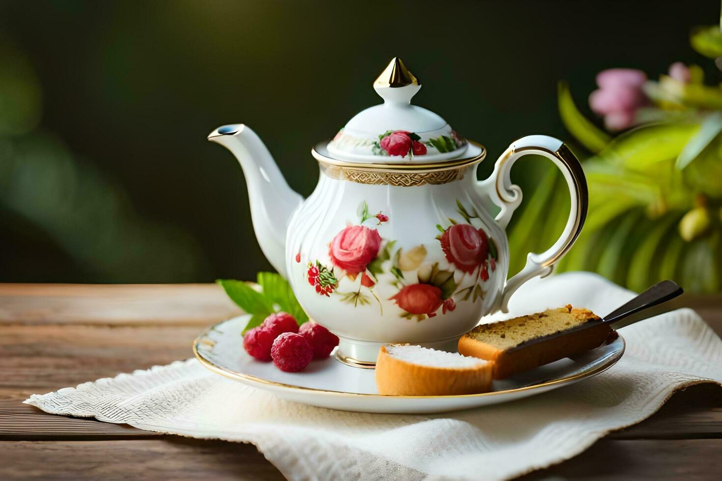 AI generated a blue teapot and a strawberry cake on a wooden table photo