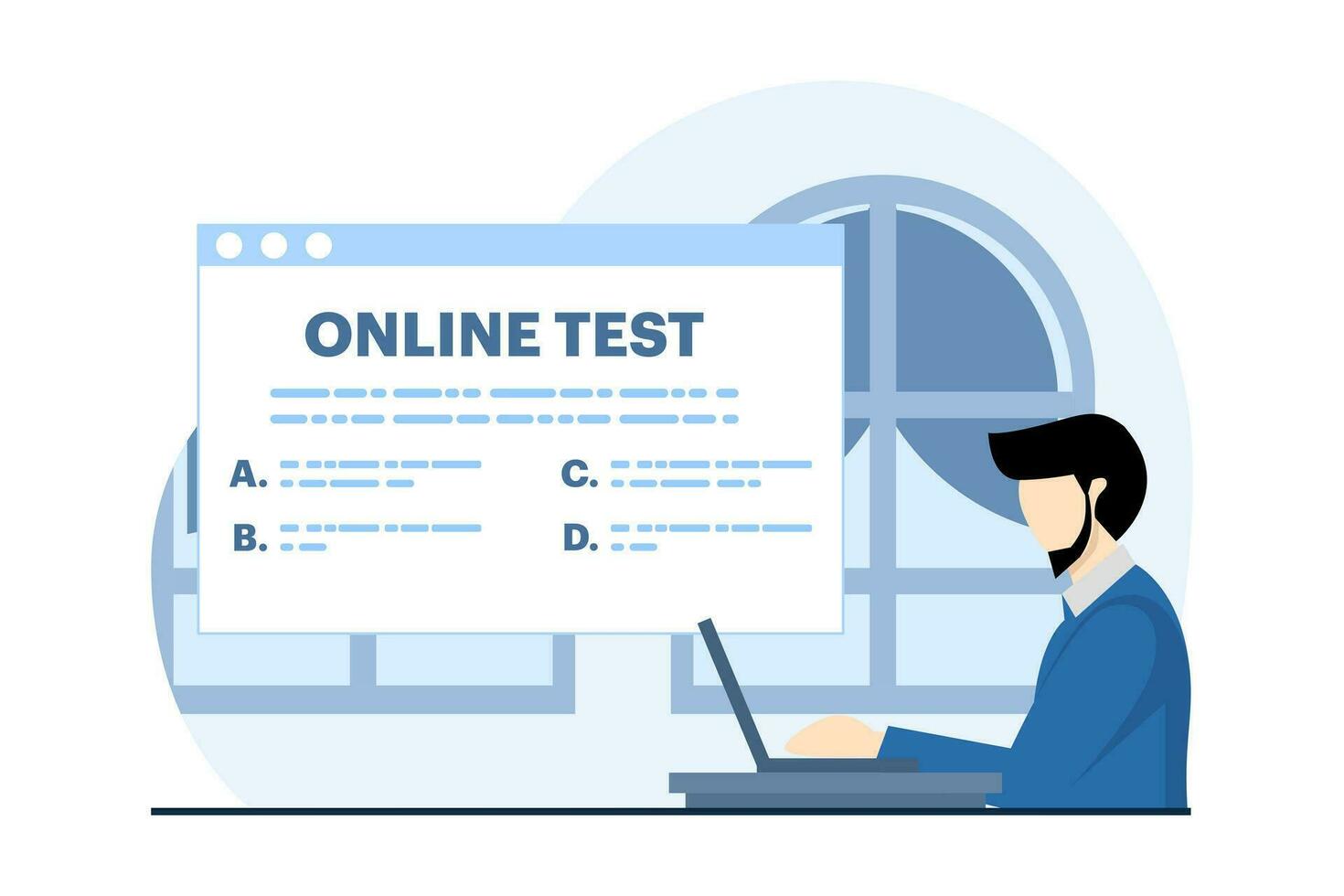 online test concept, Check online checklist, questionnaire survey, online education, internet online test, new employee recruitment test, online exam, questionnaire, flat vector illustration.