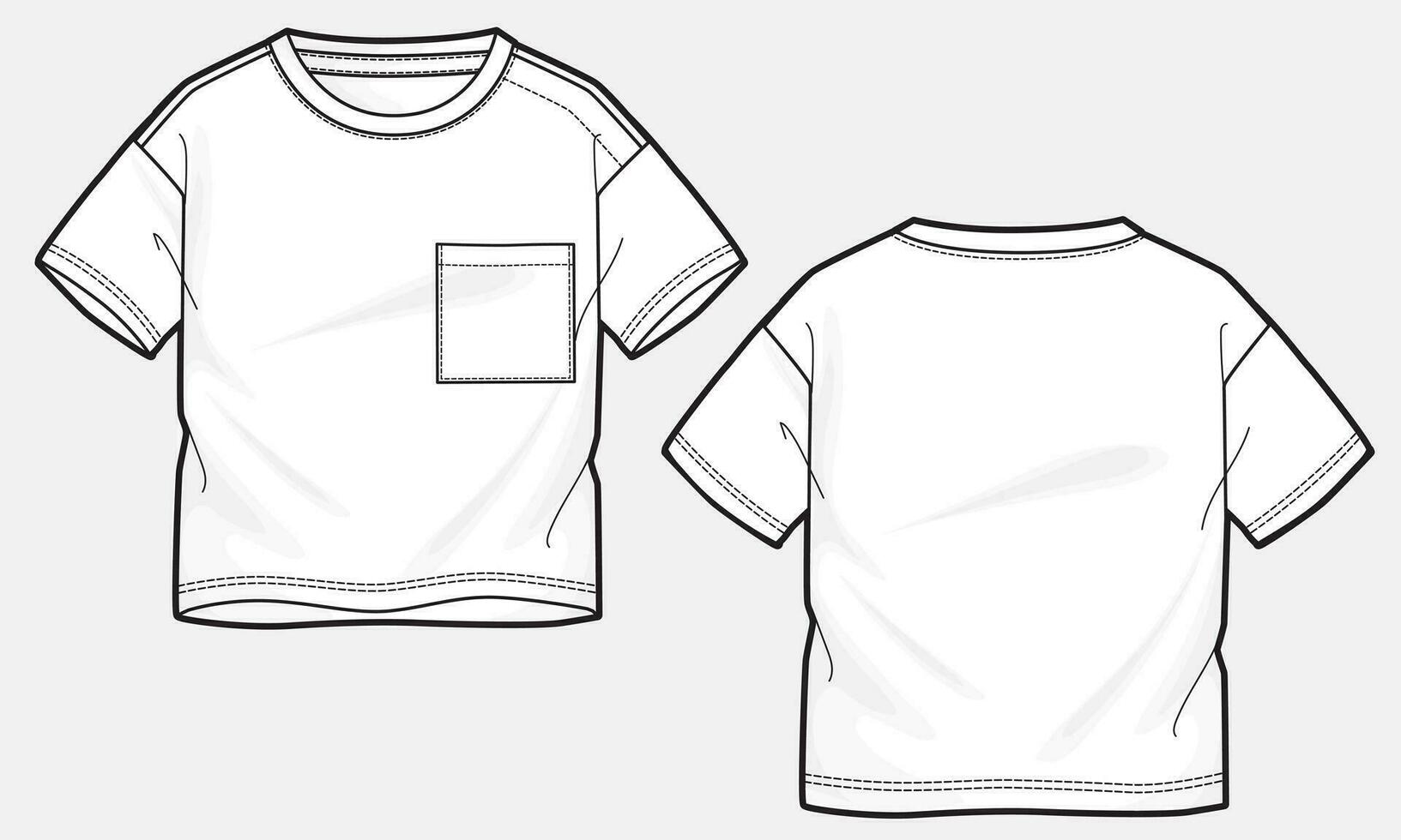Short sleeve t shirt with pocket technical drawing fashion flat sketch vector illustration template for boys