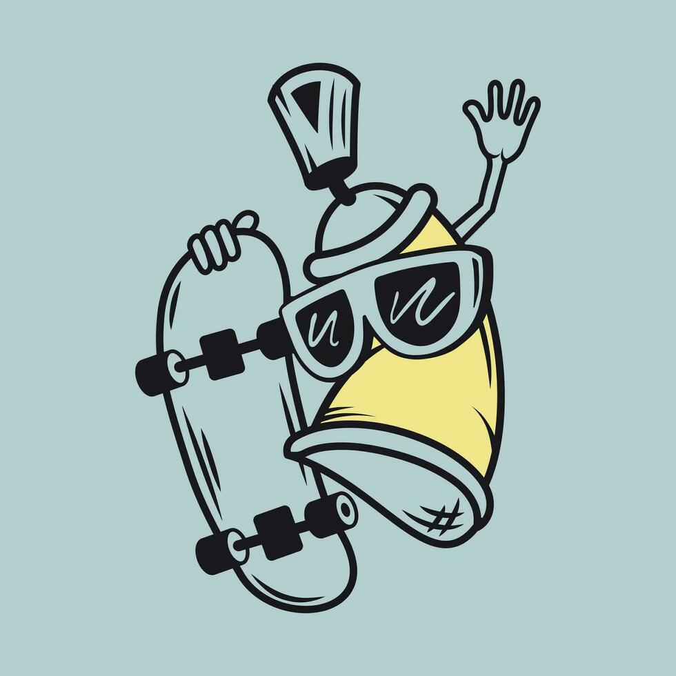 Cartoon drawing of a graffiti can with sunglasses and skateboard. vector