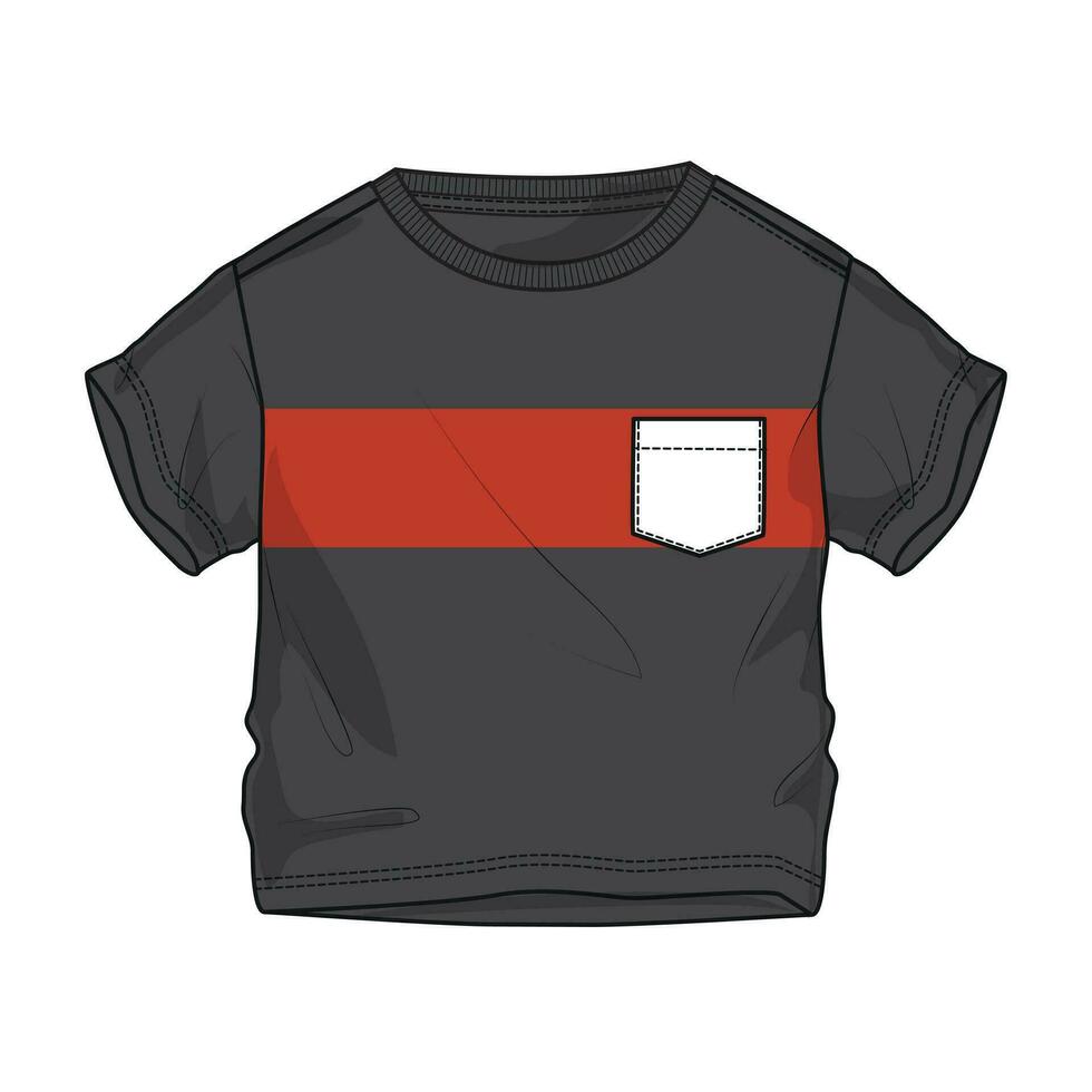 Short sleeve t shirt with pocket technical drawing fashion flat sketch vector illustration black color template for boys