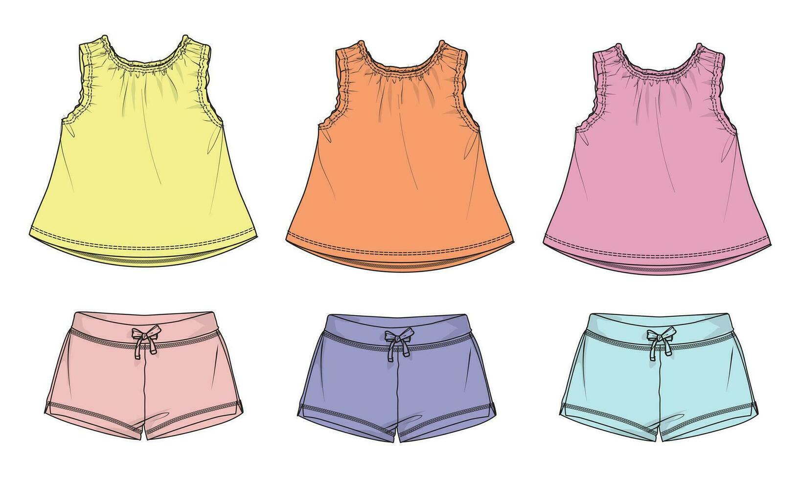 multi color bebé muchachas tapas blusa vestir y pantalones cortos técnico dibujo Moda plano bosquejo vector ilustración modelo