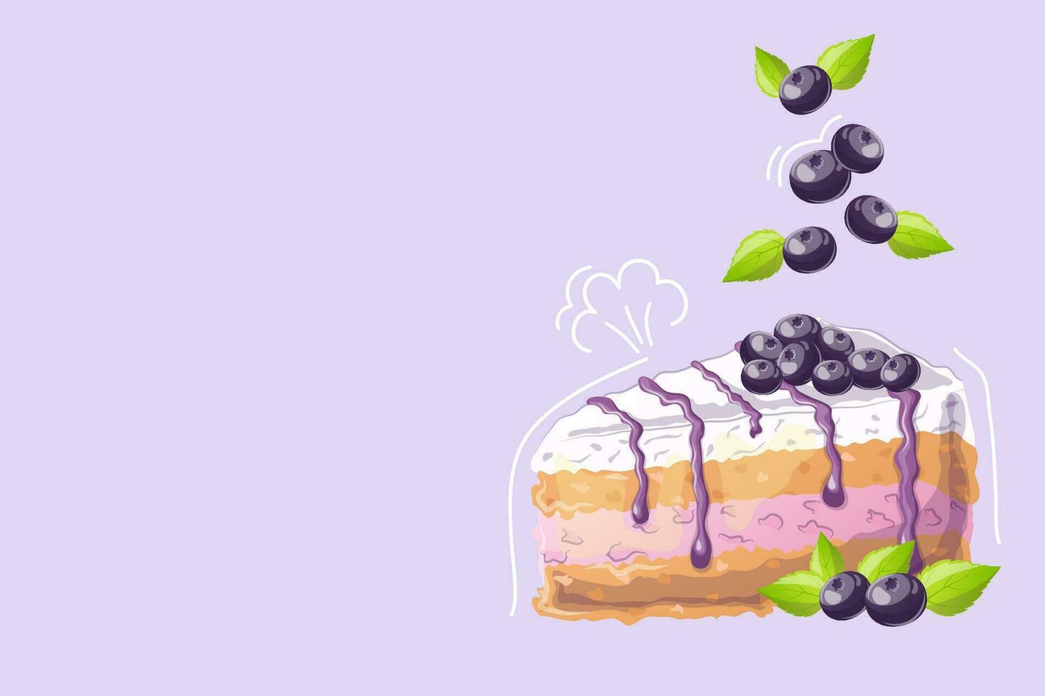 Blueberry cake in cartoon style on purple background. Doodle. Vector illustration for poster, banner, website, advertisement. Vector illustration with colorful sweet dessert.