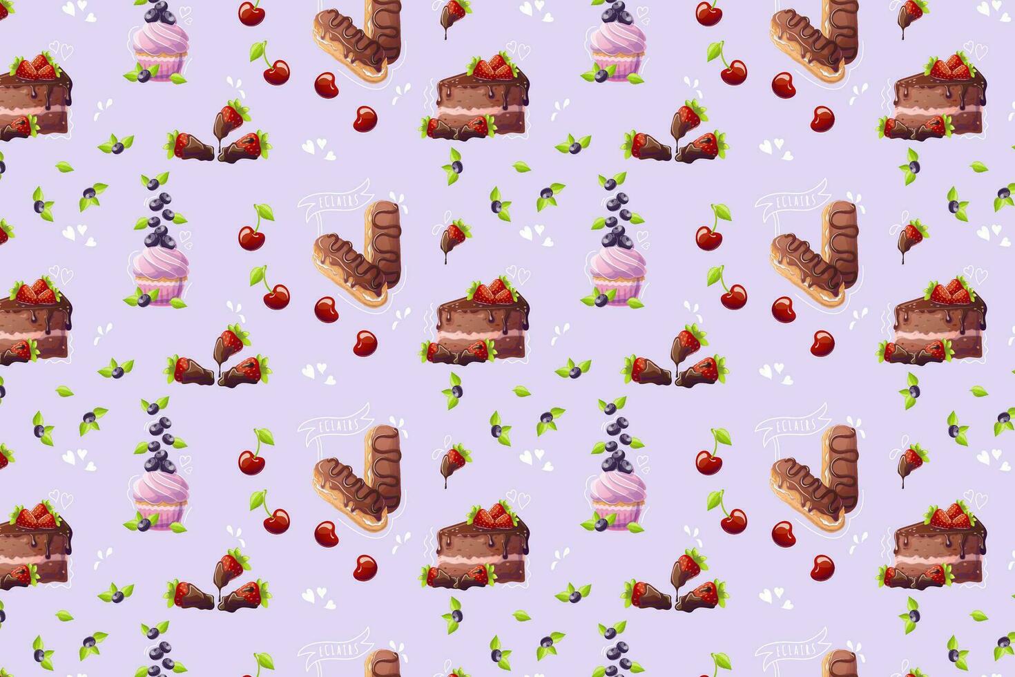Cartoon style confectionery pattern on purple background. Doodle. Doodle. Cake, cupcake, eclairs. Vector illustration for bakery, poster, banner, website, advertisement. Vector illustration with
