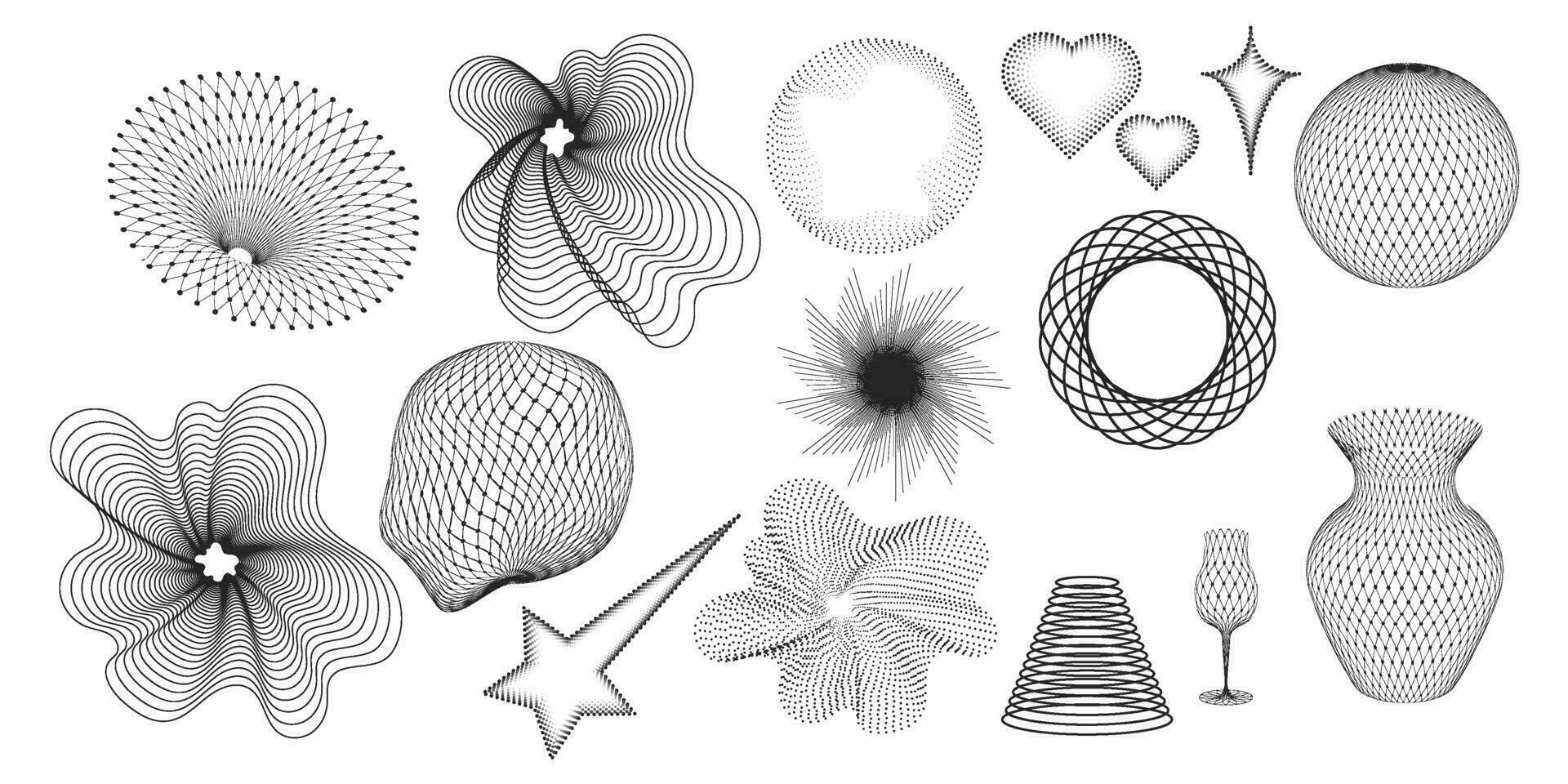 Black shapes and meshes on transparent background. Abstract 3D patterns in trendy psychedelic style. Y2k. vector