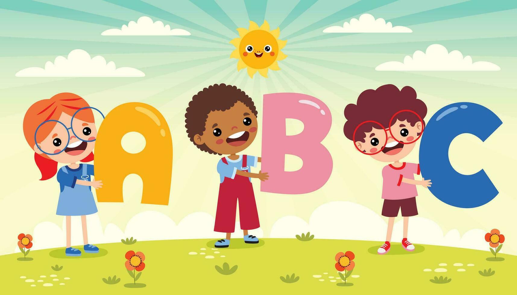 dibujos animados niños posando con alfabeto letra vector