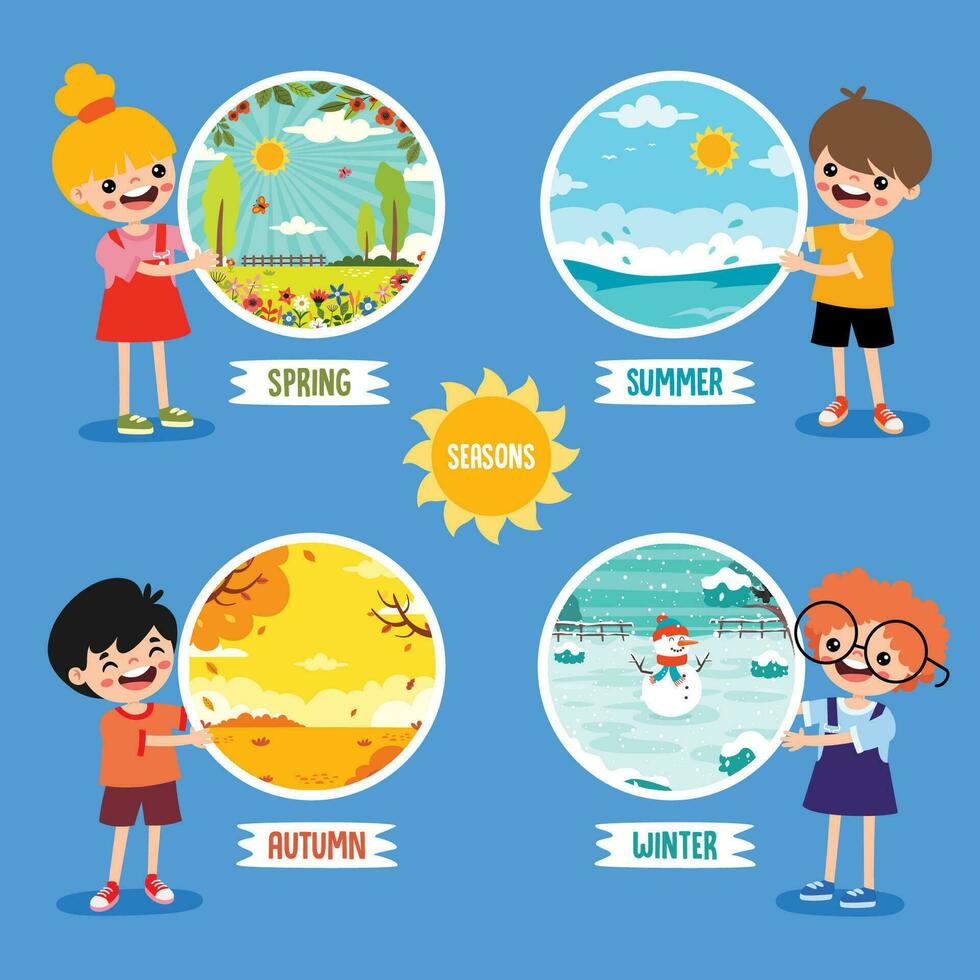 cuatro estaciones con dibujos animados niño vector