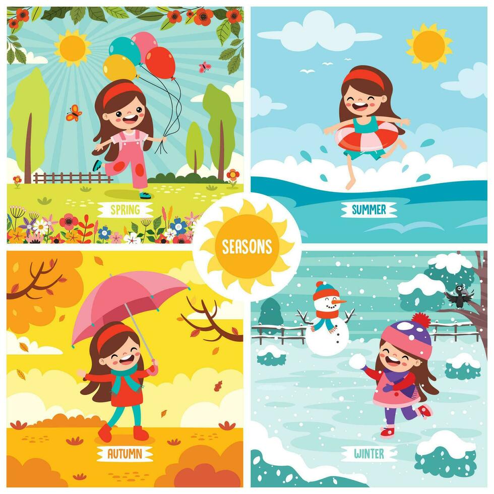 Four Seasons With Cartoon Kid vector