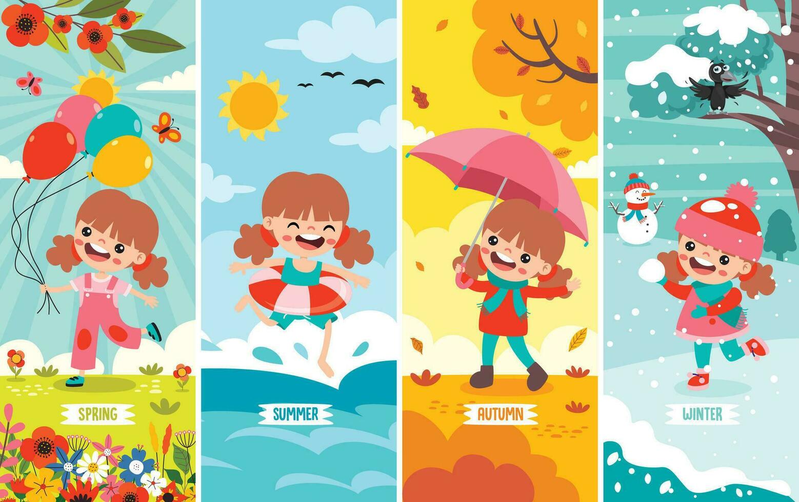 Four Seasons With Cartoon Kid vector