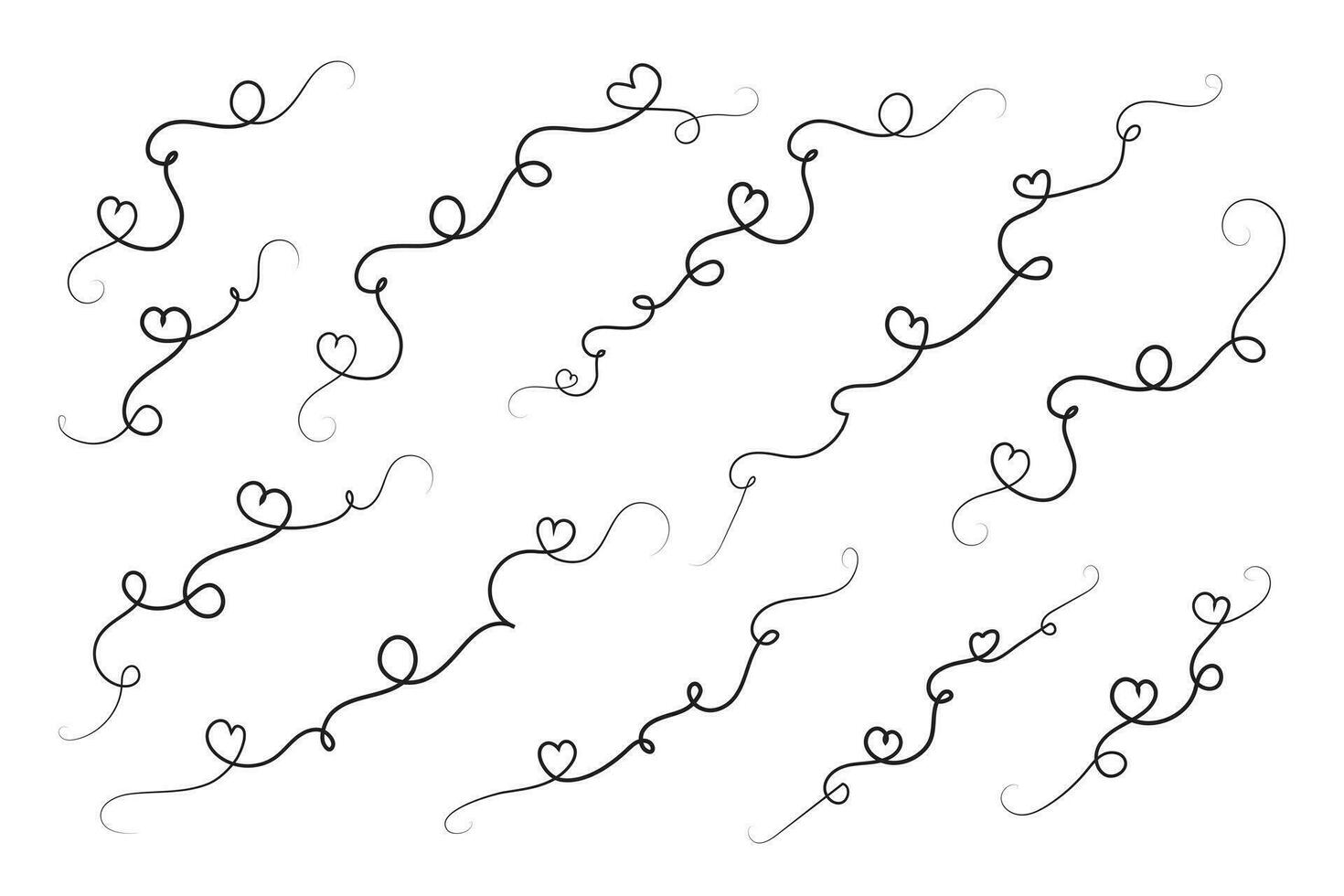 hand-drawn thin line heart swirl ornate, wavy line decorative hearts, calligraphy heart swirl Flourish ornament, outline doodle love Valentine Day design elements, continuous line swirl hearts vector